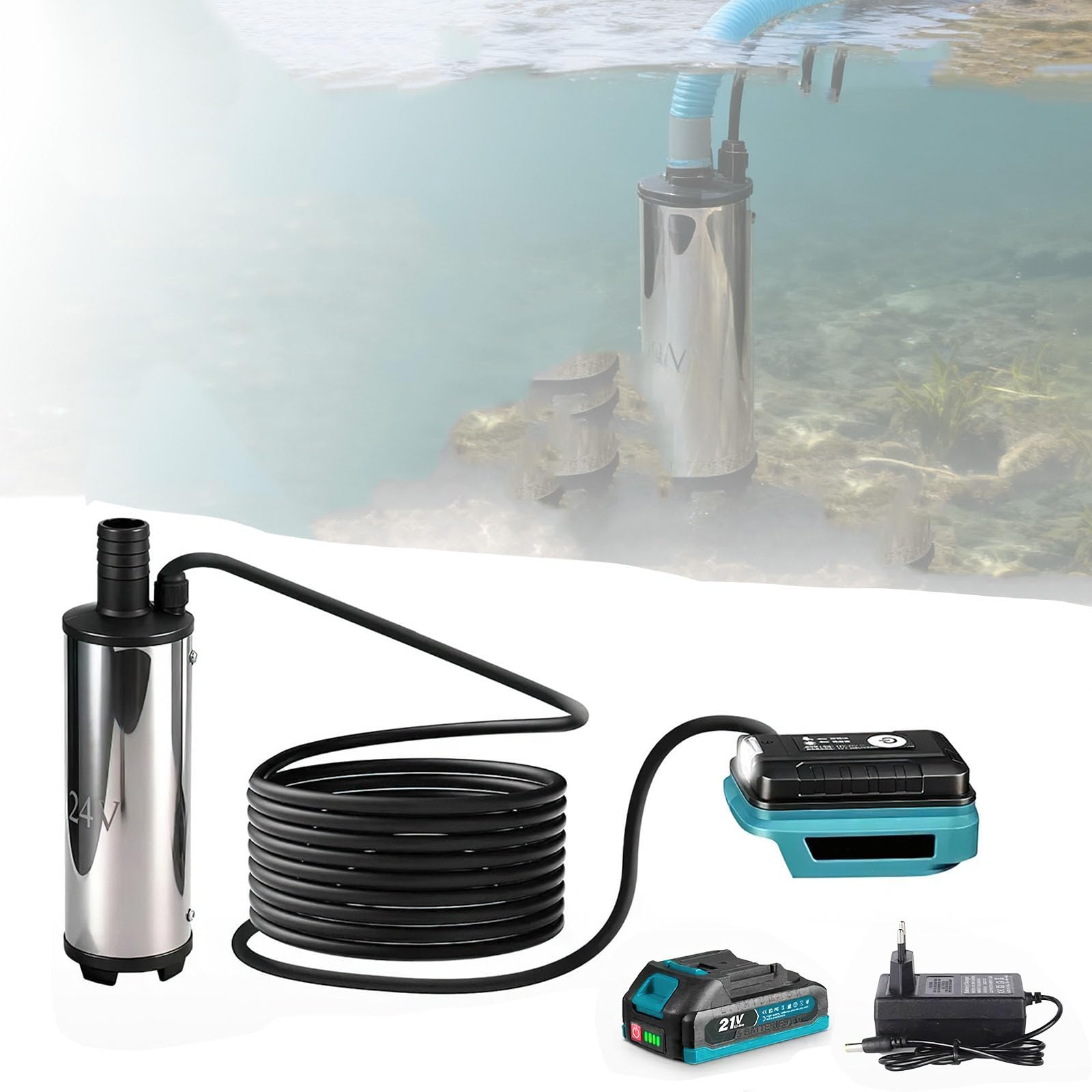 Pompa dell'acqua con batteria da 21 V, pompa elettrica sommergibile senza fili, altezza di scarico 3-5 m, pompa di trasferimento con cavo da 5 m, pompa dell'acqua elettrica per piscine, acquari (1