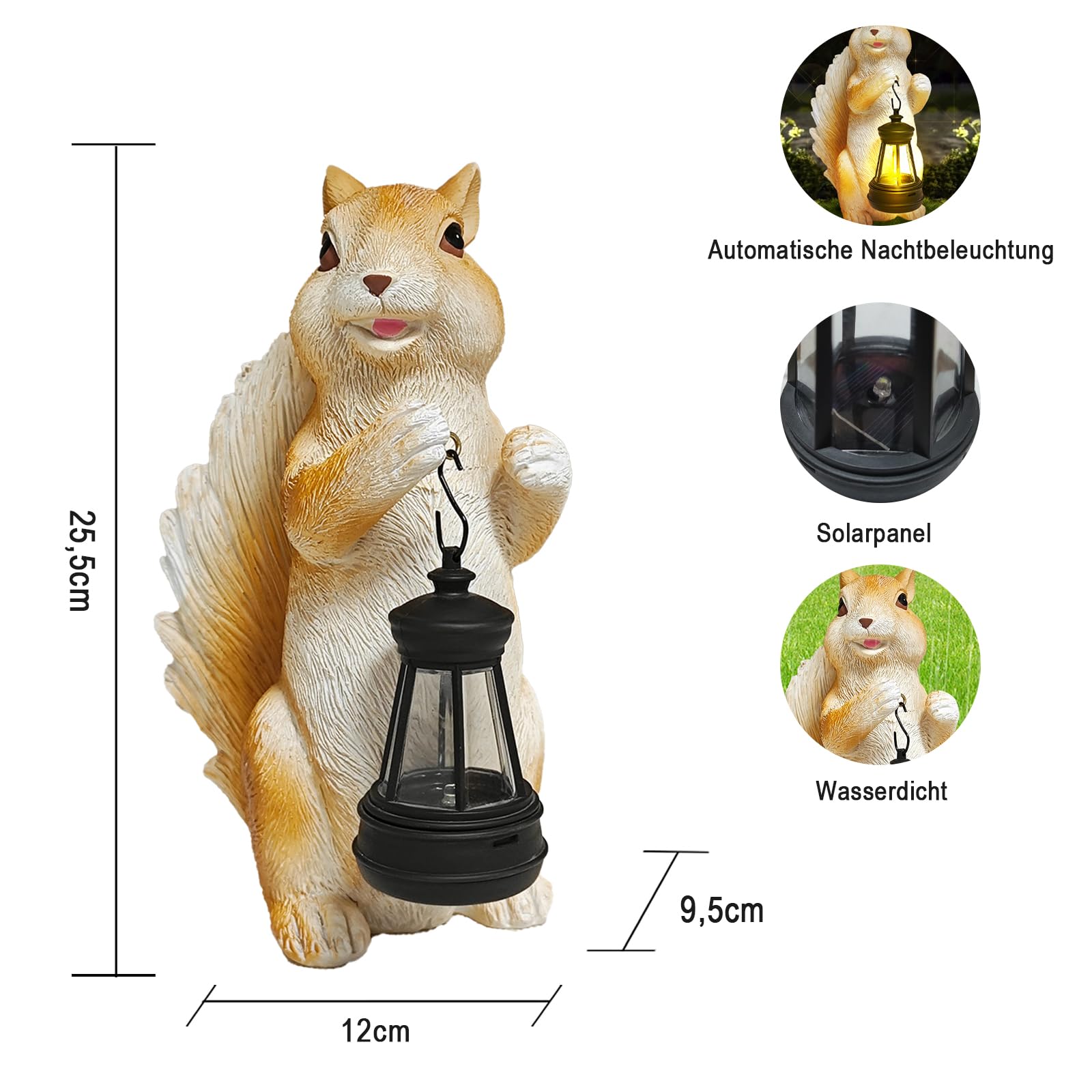 lifemet Scoiattolo decorativo da giardino a energia solare, scoiattolo, decorazione da giardino per esterni, resistente alle intemperie, con lanterna, statuette da giardino per giardino, balcone