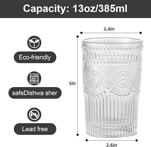 Vista 2 de Juego de 6 vasos de vidrio vintage para beber, vasos de agua de vidrio con textura transparente con diseño de flores, vasos de agua a rayas en Claro