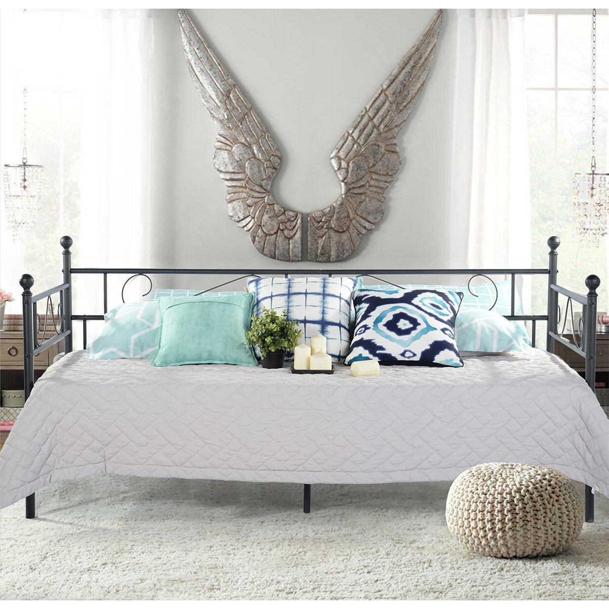 DORAFAIR Day Bed Frame with Headboard and Solid Metal Slat Mattress