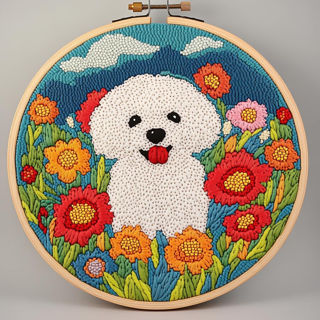 DIY Punch Needle Kits Bichon Frise Dog in Flowers Easy for Beginners Punch Needle Embroidery Set with Hoop Stamped Pattern for Craft Lovers and Home Decor-3