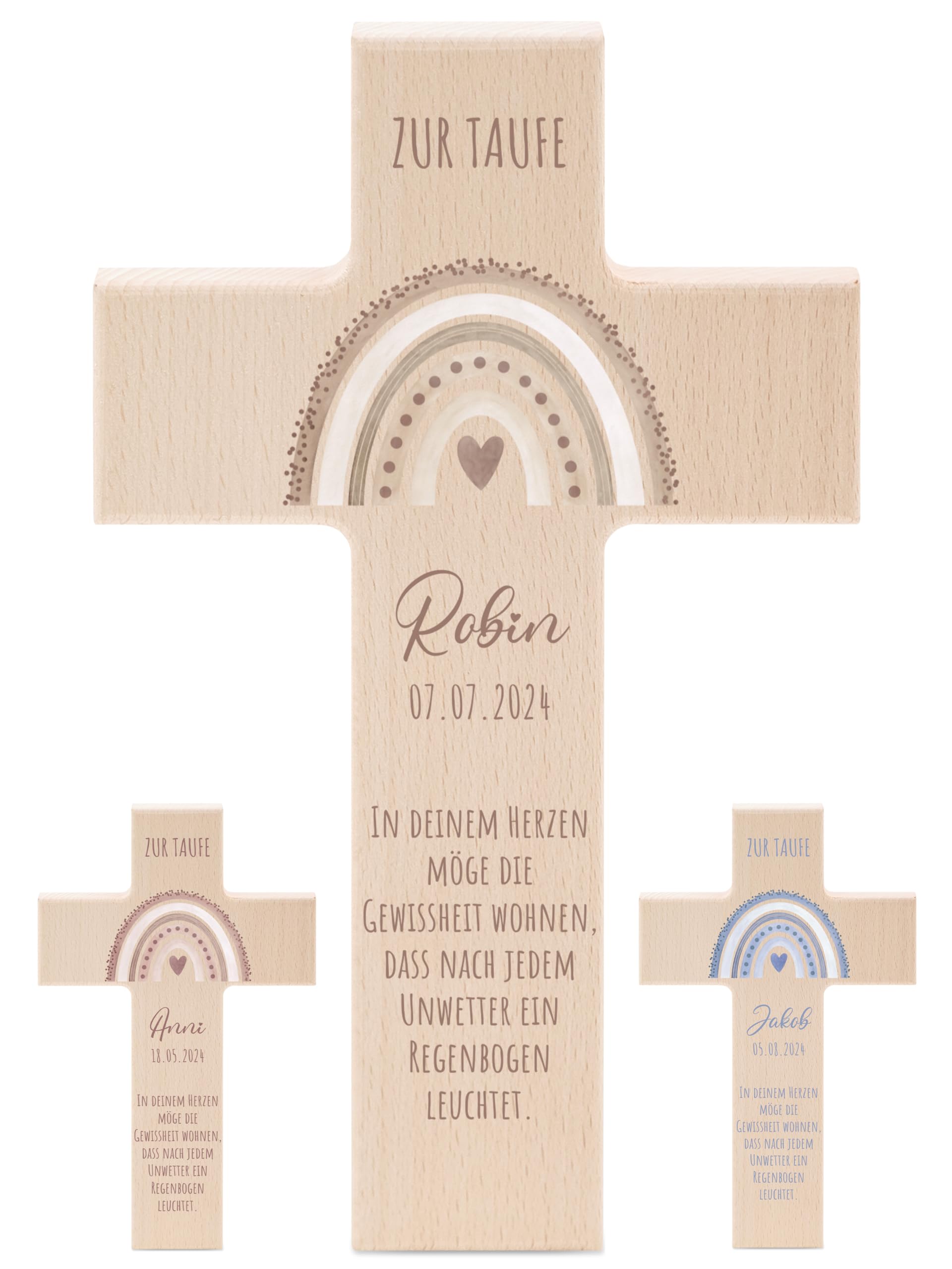 wunderwunsch - Personalisiertes Taufkreuz mit hochwertigem Spezial-Druck aus massivem Buchenholz - Taufe Geschenk - Holzkreuz Taufe (Regenbogen beige)