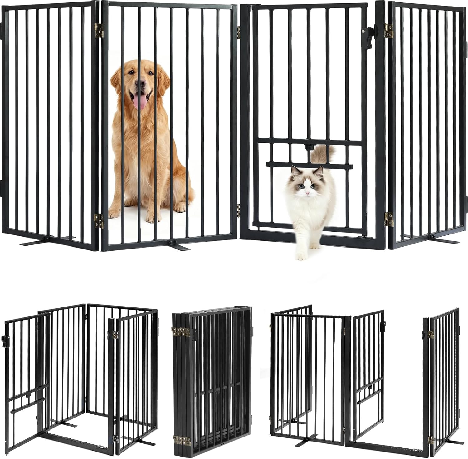Full Metal Freestanding Dog Gate with Cat Door for Outdoor & Indoor,80" Extra Wide Foldable Pet Fence,30" Tall Free Standing Dog Gate for RV Camping,Stairs,Hallways,Doorways,Deck,Yard (4 Panels,Black)