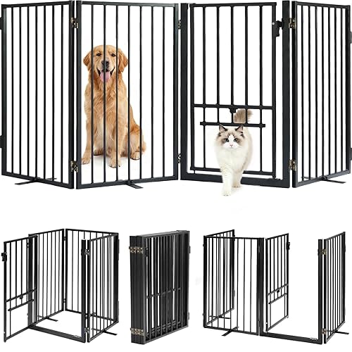 Full Metal Freestanding Dog Gate with Cat Door for Outdoor