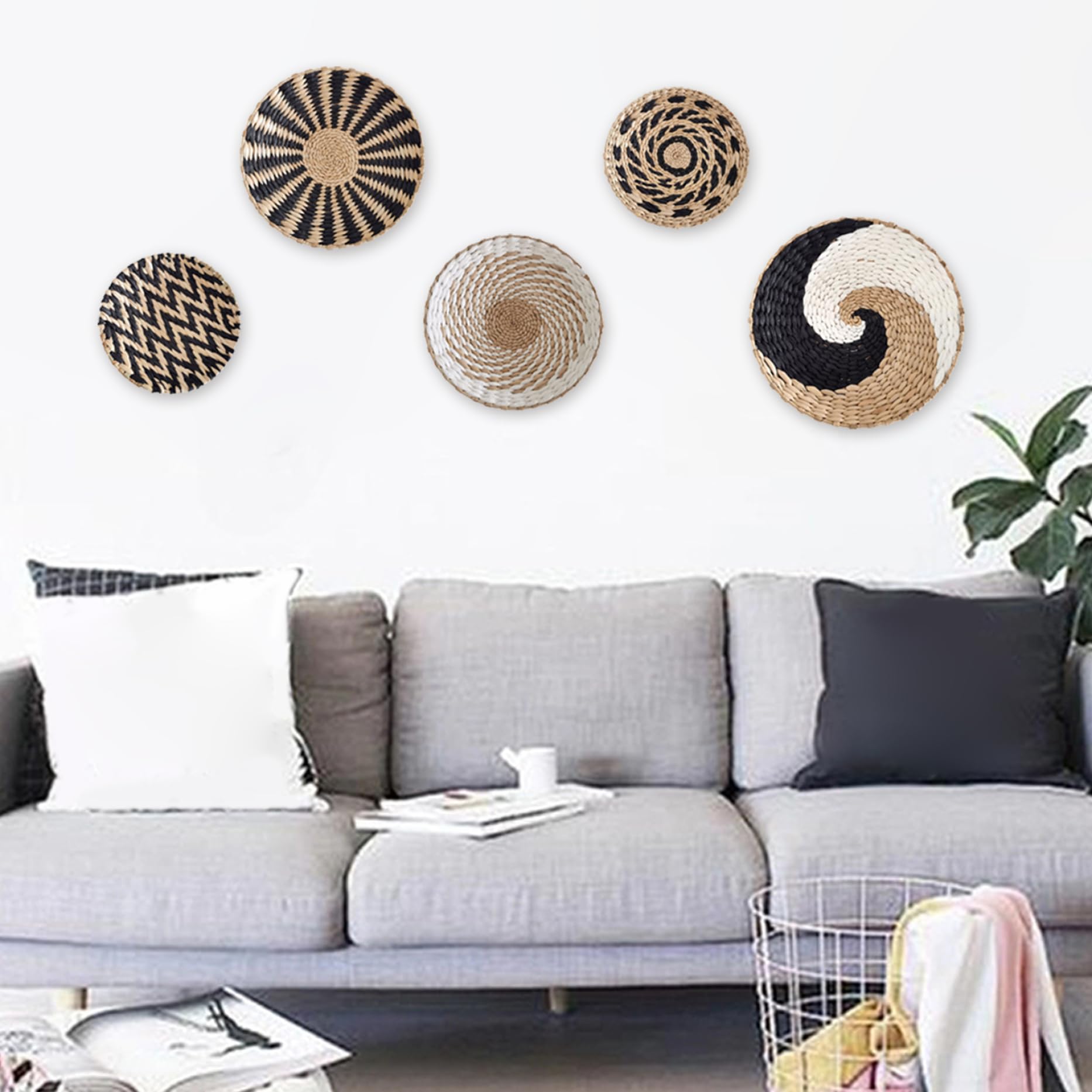 Muurmand Decor Boho, Set van 5 Hangende Muur Rotan Manden, Hangende Geweven Muurmand Decor, Geweven Mand Muur Decor, Decoratieve Muur Kunst voor Boho Muur Kunst Boerderij Muur Decor(#1