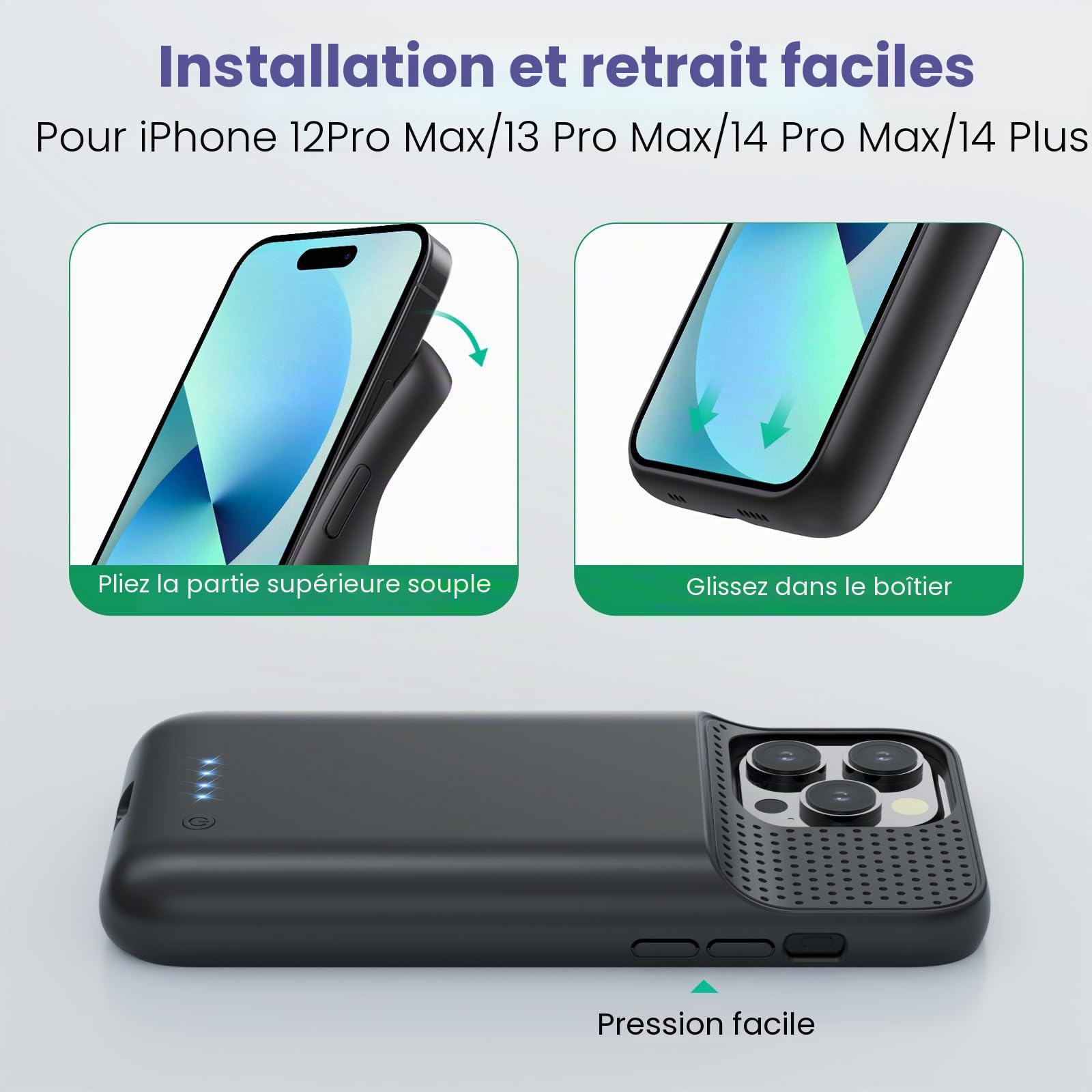 Coque de Batterie pour iPhone 12 Pro Max/13 Pro Max/14 Pro Max/14 Plus [8600 mAh] Batterie Rechargeable - Chargeur de Batterie Portable - Batterie puissante pour iPhone - Noir