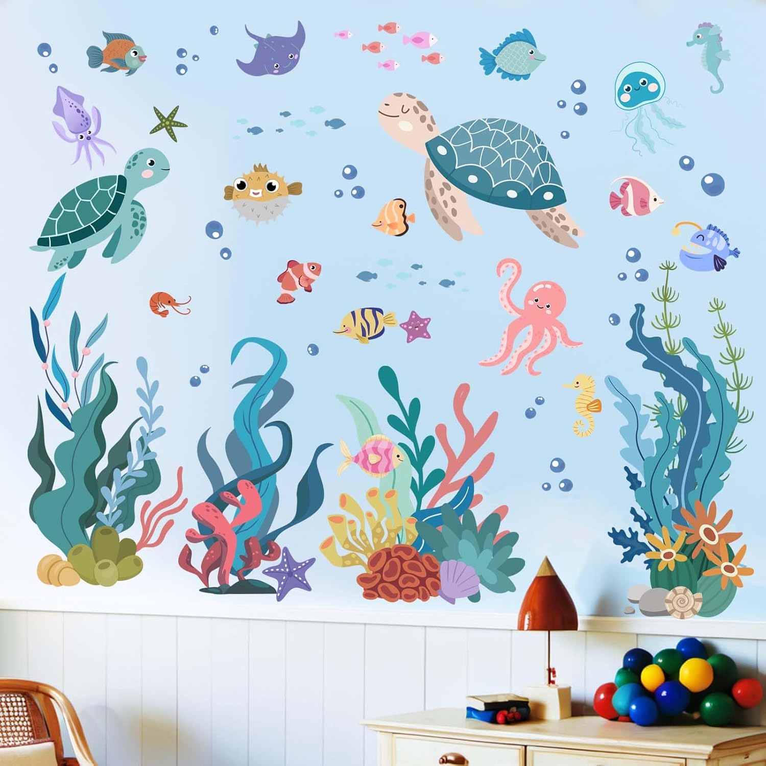 Sea Turtle Wall Decals for Kids: Peel and Stick Under The Sea Wall Stickers for Baby Nursery Kid Bedroom Toddler Room - Ages 1-12 Years Vinyl Decor