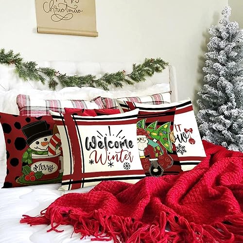 Miniatura 3 de Cirzone Juego de 4 fundas de almohada navideñas de 18 x 18 pulgadas, con diseño de flores rojas, decoración de casa de campo, juego de 4 fundas de