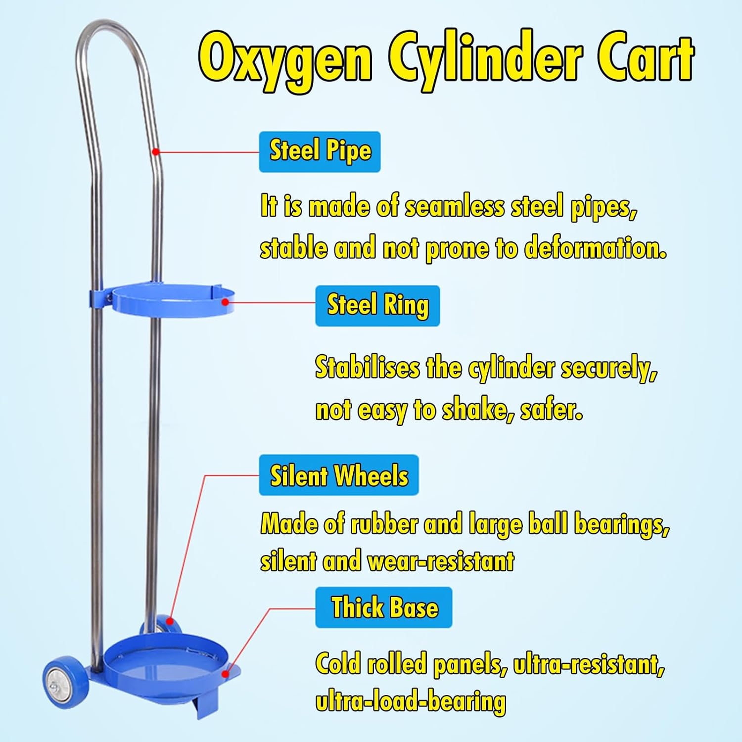 Trolley Portable Oxygen Tank Cart Wheels, Single Capacity Gas Cylinder Trolley - 80 95 110 Cm High, Hold 10 15 20 L Propane Carrier Dolly for Labs/Hospital/Workshops,15L 95Cm(37 2/5