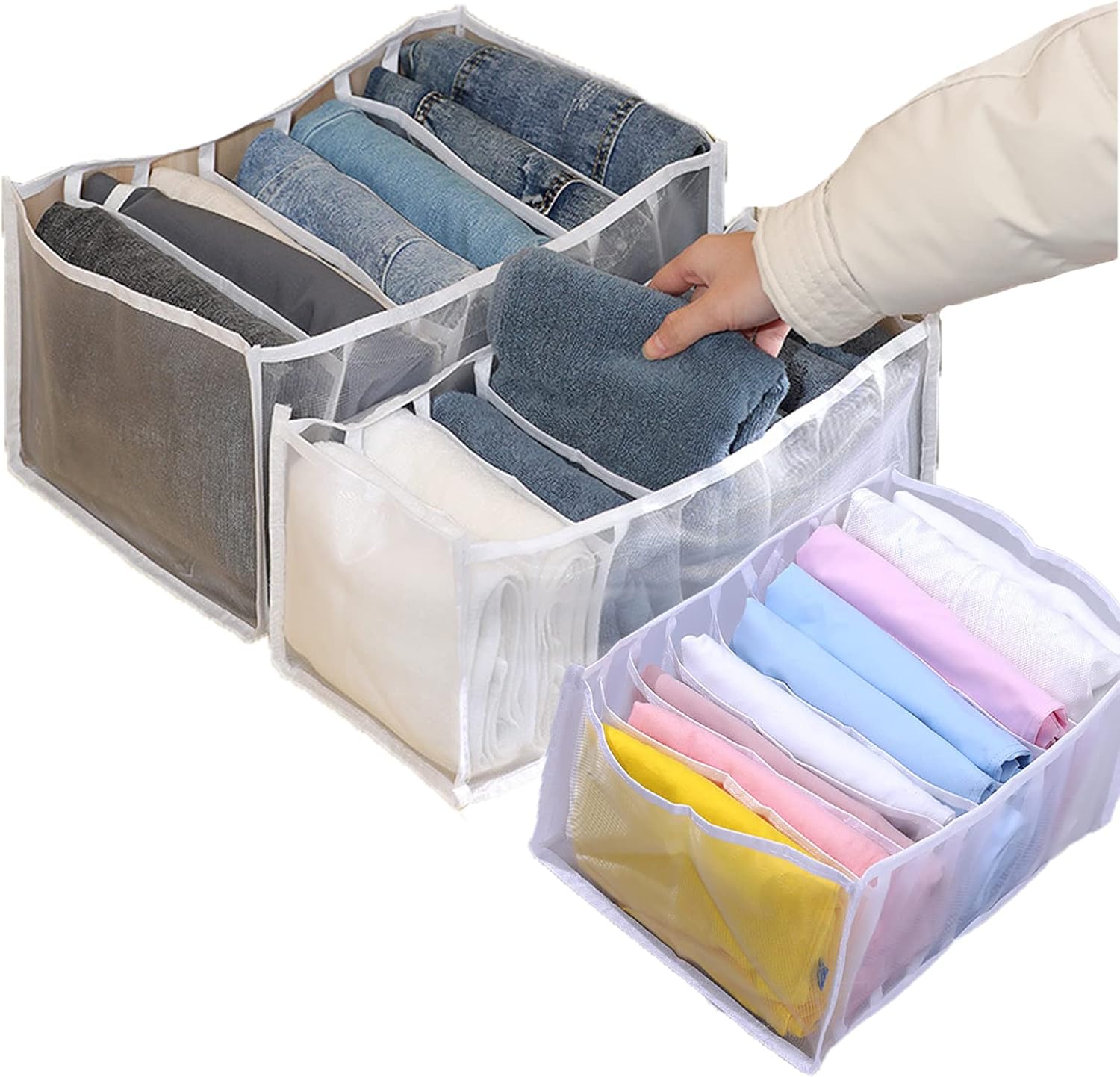3PCS Closet Organizer Wardrobe Washable Visible Foldable Clothes Organizer Storage Boxes Drawer Mesh Separation Box for Home Jeans T-Shirt Socks Panty 7/7/9 Grids