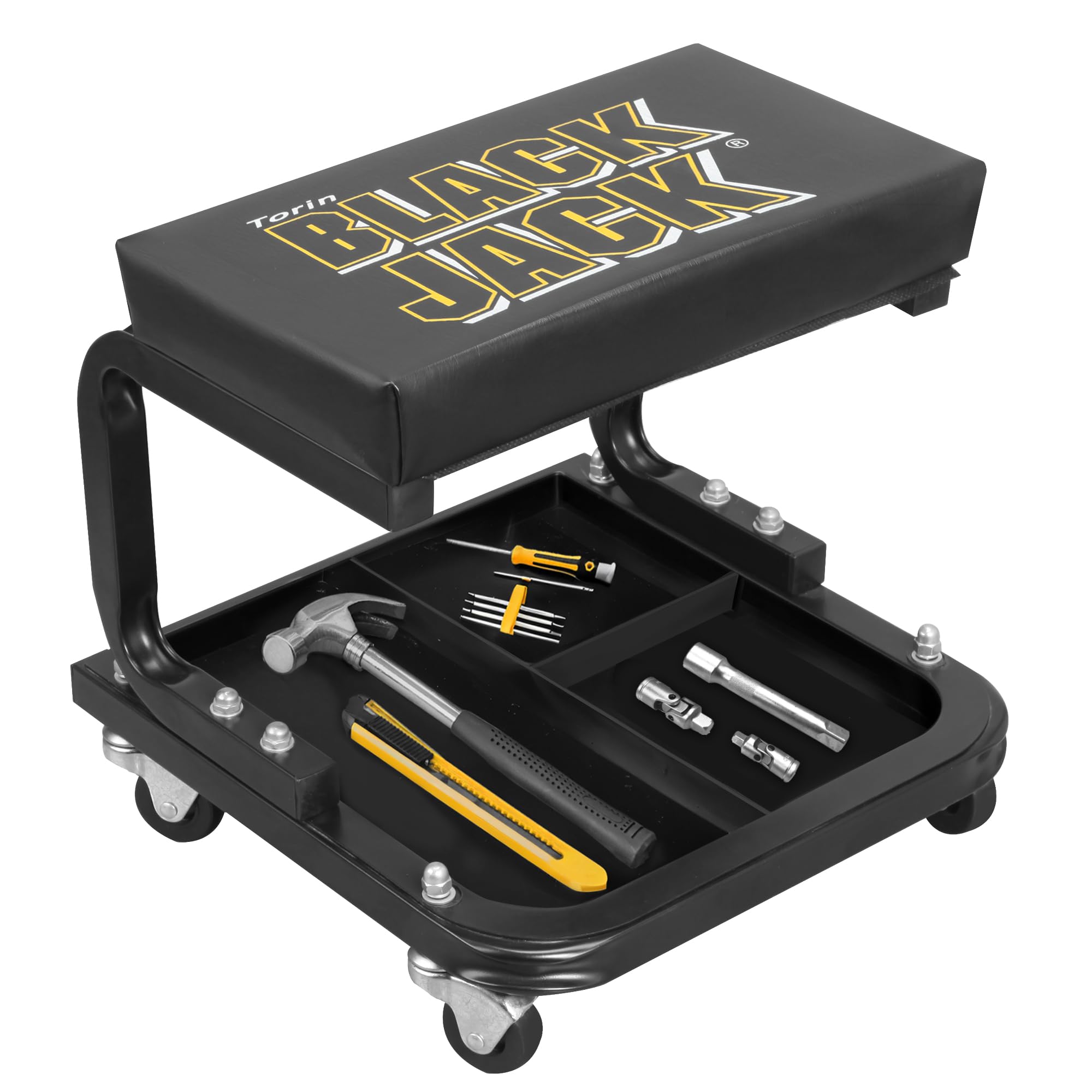 Torin TR6100W Blackjack Rolling Creeper Garage/Shop Seat: Padded Mechanic Stool with Tool Tray Storage, Black