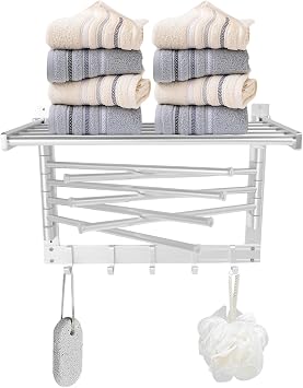 Towel Rack with Towel Bar Holder Foldable Towel Shelf with Movable Hooks Rustproof Towel Storage Wall Mount for Bathroom Lavatory Matte Silver
