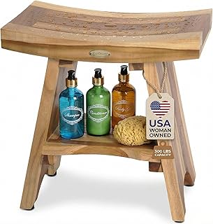 EcoDecors Teak Shower Bench 18", 300 lb Capacity – Waterproof Wood Bath Seat with Shelf, Spa Seating for Adults – Compact Fit for Small Bathrooms & Walk-in Showers – Slip-Resistant Feet