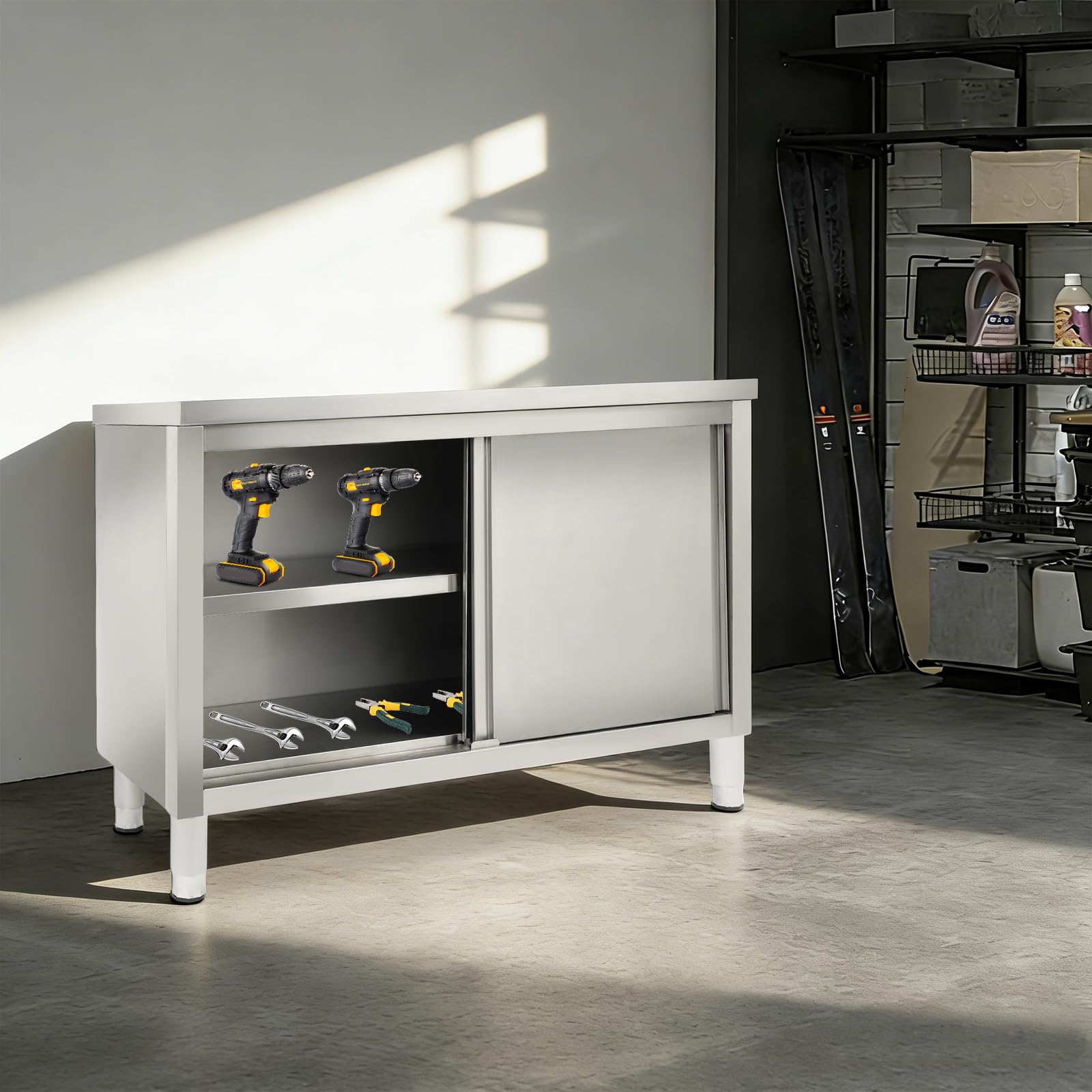 Tavolo da lavoro a 3 piani in acciaio inox con ante scorrevoli, 120 x 50 cm, tavolo di preparazione commerciale con grande piano di lavoro e armadio, in acciaio inox, per ristorante, casa