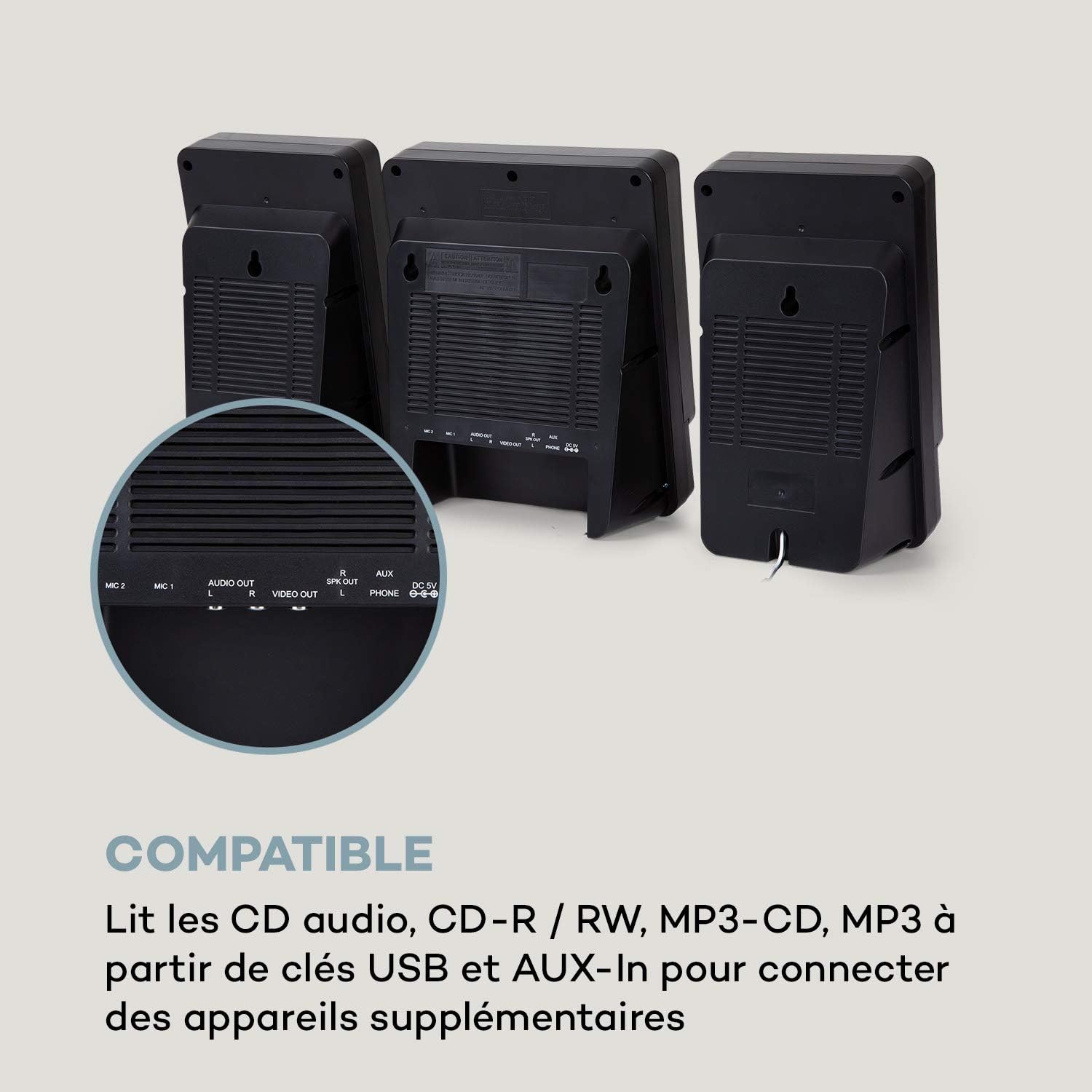 Задня view of the AUNA Microstar Sing system, showing the various input/output ports including MIC 1, MIC 2, Audio Out, Video Out, AUX In, and DC 5V power input.