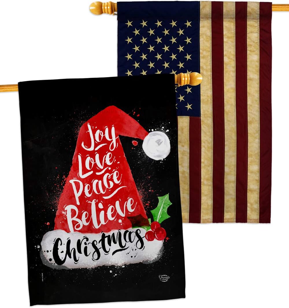 Joy Love Peace House Flags Pack Winter Santa Marry Xmas Present Reindeer Season Wintertime Snow USA Applique Small Decorative Gift Yard Banner Double-Sided Made In 28 X 40