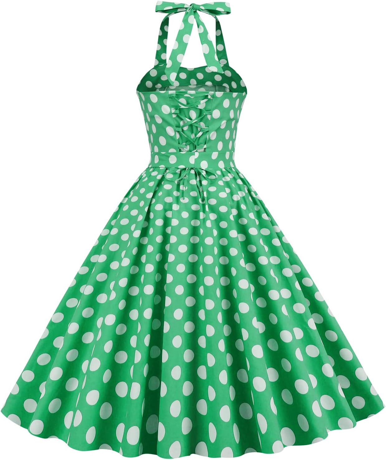 Women Halter Neck 50s Vintage Polka Dot Cocktail Swing Dress Retro Pinup 1950s Audrey Hepburn Rockabilly Prom Dress Lace Up Backless A-Line Wedding Guest Formal Evening Tea Dresses Halter-Green L - Image 4
