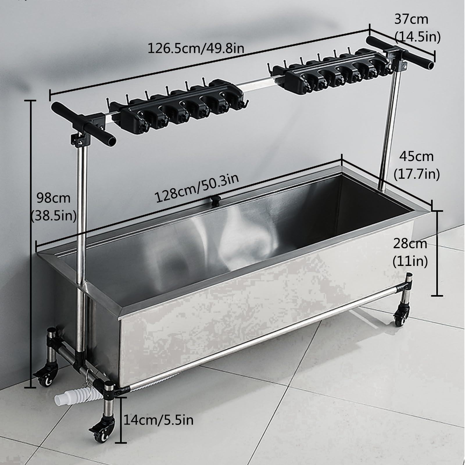 Carrito utilitario para fregadero, carrito de limpieza de acero inoxidable con ruedas, 21 ranuras y 24 ganchos para suministros de limpieza