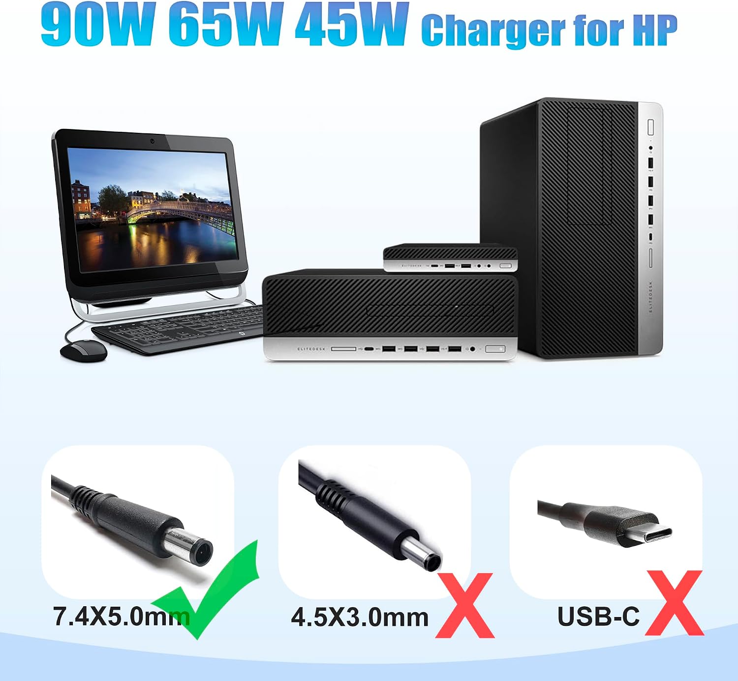 90W 65W Power Supply Compatible with HP ProDesk 600 400 G1 G2 G3 G4 G5 G6 Mini Desktop SFF PC,EliteDesk 800 Mini,Omni 120 100 All in One,Slimline 260 400 260-A010 260-A114 Power Cord Adapter Charger - 4