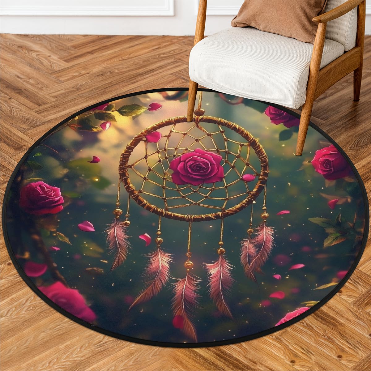 Rose Forest Traumfänger-Teppich, rund, waschbar, Gaming-Teppich für Schlafzimmer, Wohnzimmer, Arbeitszimmer, Bodenmatte, 160 cm