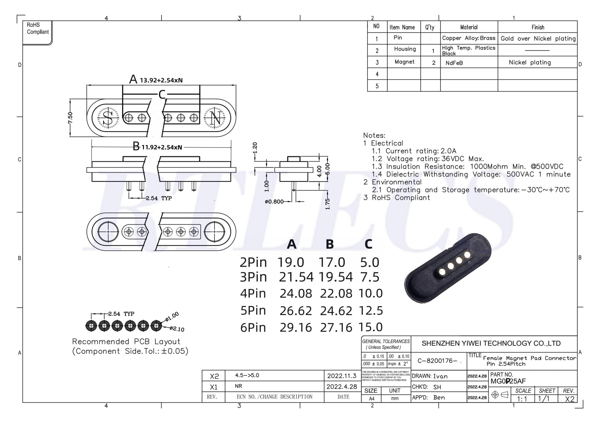 Connettore Pogo Pin magnetico impermeabile 2A 2 3 4 5 6 posizioni Caricato a molla 2,54 mm Maschio Femmina Presa di corrente continua Striscia di contatto(2P Wire MF)
