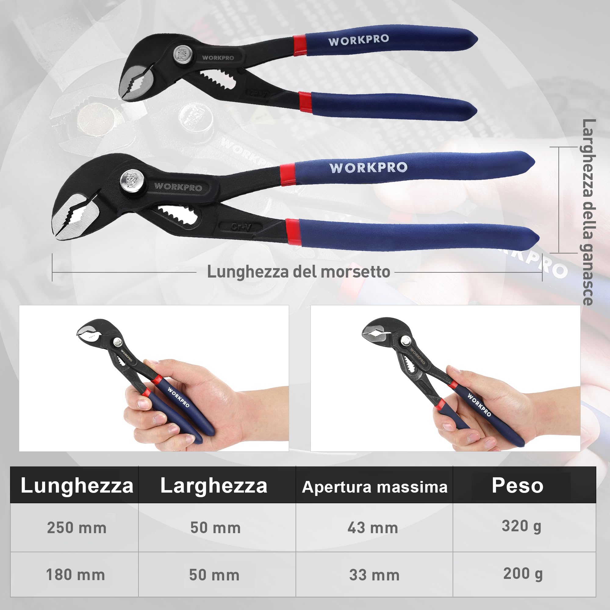 WORKPRO Set 2 Pinze Idrauliche - 180mm E 250mm, Regolazione Rapida, Per Tubi E Idraulica - Foto 3