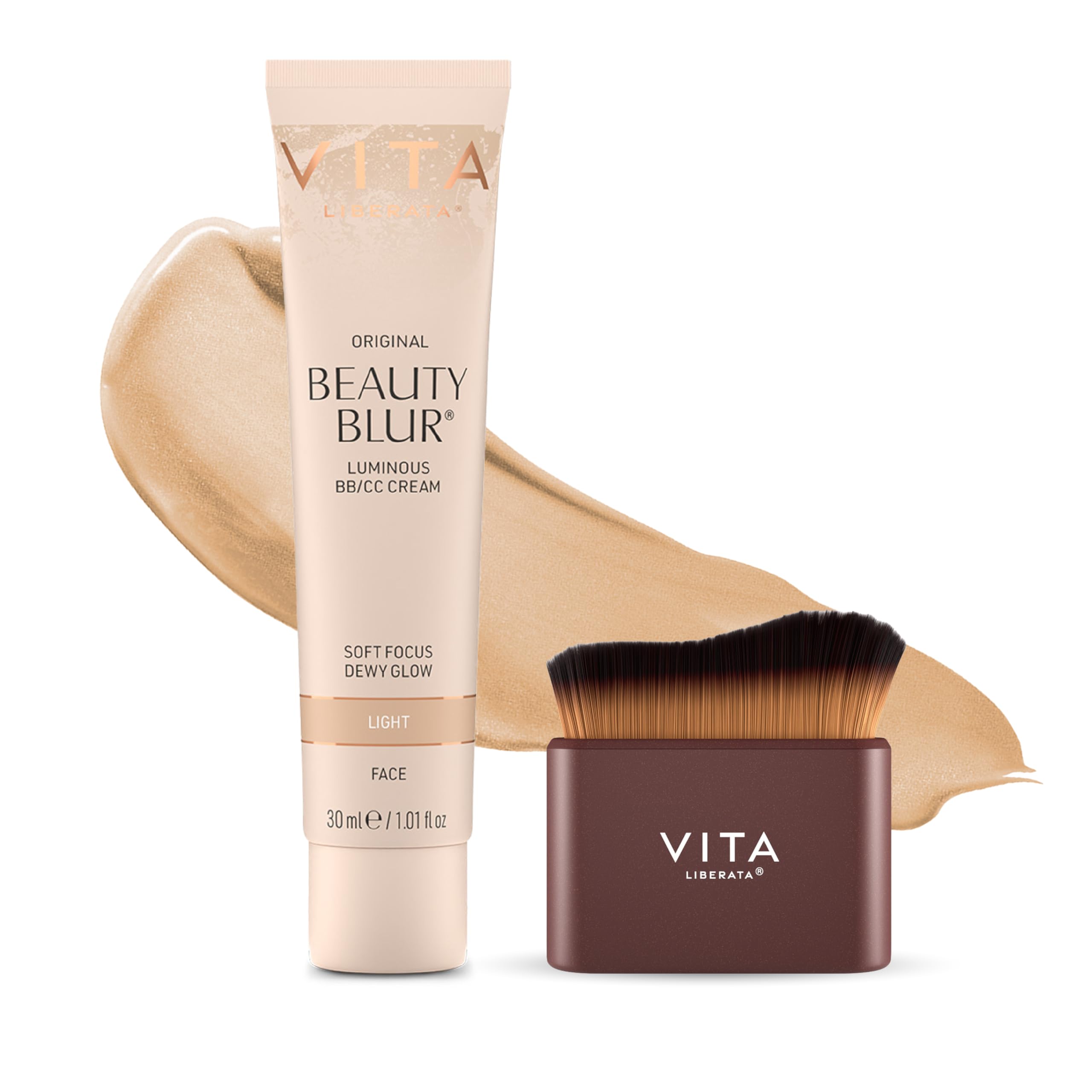 VITA LIBERATA Beauty Blur Light 30ml & Brush Bundle, BB/CC Cream, Hydrating complexion booster, Radiant Glow & Flawless Finish, Colour Corrector, Tinted Primer, Flawless application blending brush