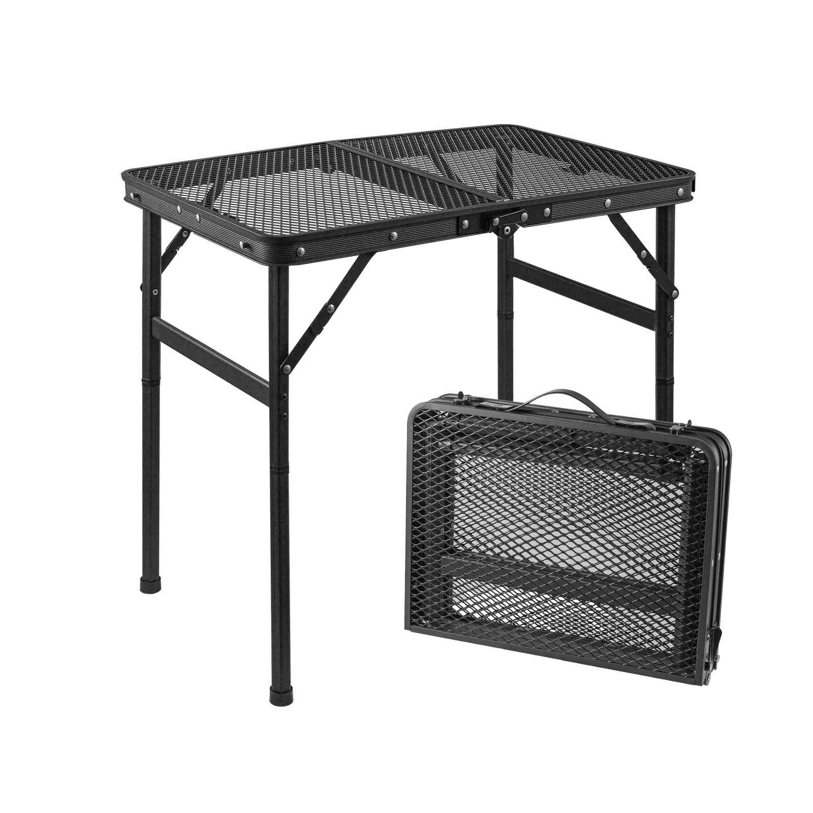 Toemics Camping Table Small Folding Table Picnic Outdoor Garden Table with Handle, Rust-Proof Mesh Tabletop, Anti-Slip Pads, Adjustable Height and Lightweight for BBQ, Fishing, RV