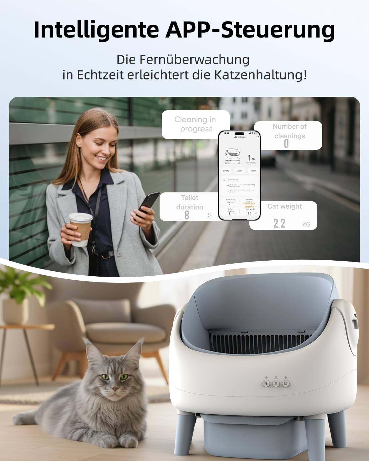 Selbstreinigende Katzentoilette Offen, Katzenklo Selbstreinigend mit APP-Steuerung, Dual Sicherheitssensoren, Intelligenter Einklemmenschutz, Inklusive Müllbeutel, für Mehrere Katzen