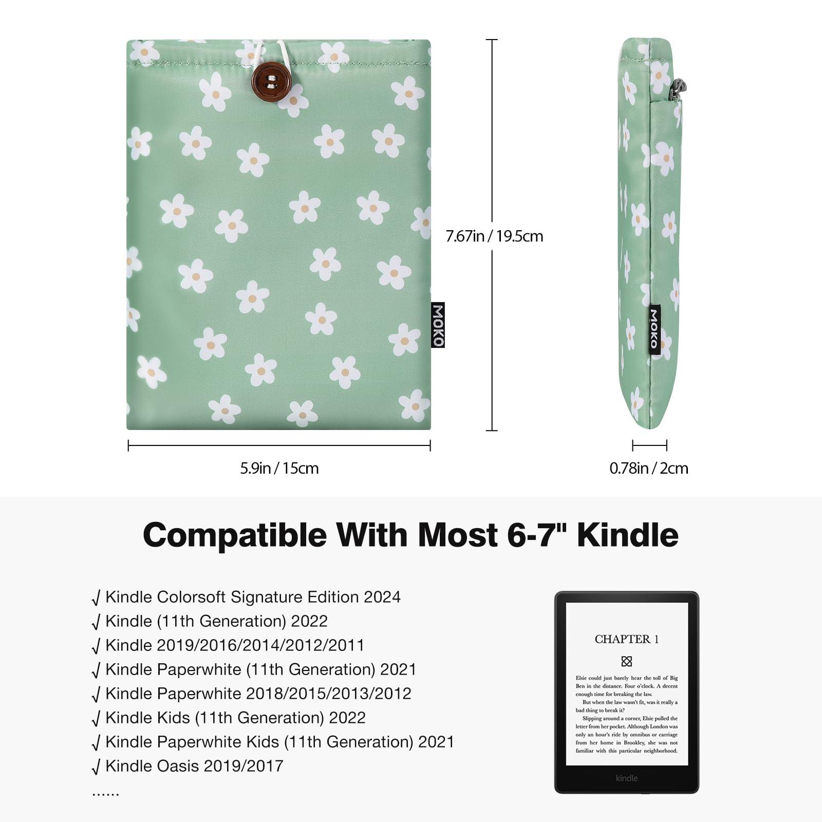 MoKo Fiori Verdi Imbottito Sleeve Pouch per Kindle Colorsoft Paperwhite 12° Gen 2024 Oasis Voyage Kobo eReader 6-7 Pollici