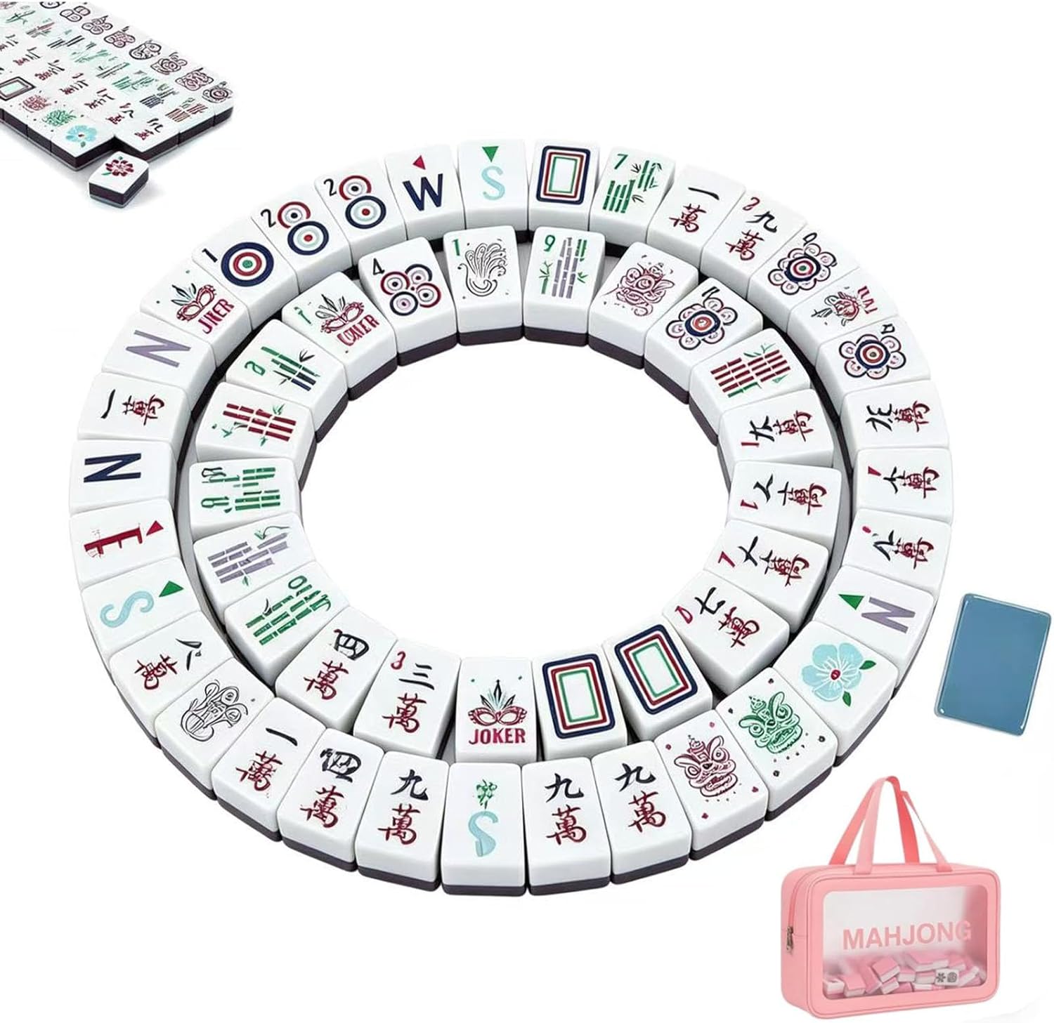 4 Layer Mahjong Tiles, 2026 NEW 160 Acrylic American 4 Layer Mahjong Tile Set with Clear Engraving with Exquisite Carrying Bag Mini Mahjong Travel Set for Home, Travel & Game Nights (Blue)