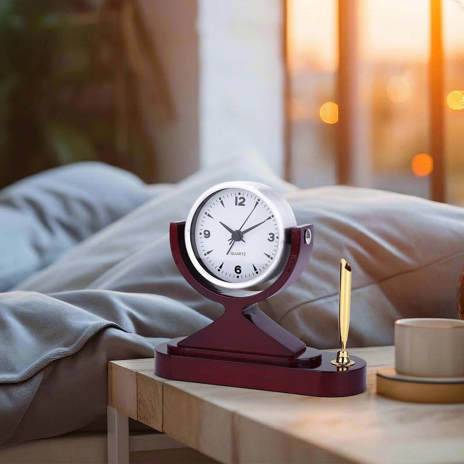 CIGERA Wooden Desk Alarm Clock Battery Operated, Silent Non-Ticking, Adjustable Angle & Pencil Holder | Office, Shelf, Table Decor | Gift for Students, Teachers, Professionals (Home, Desk, Work)