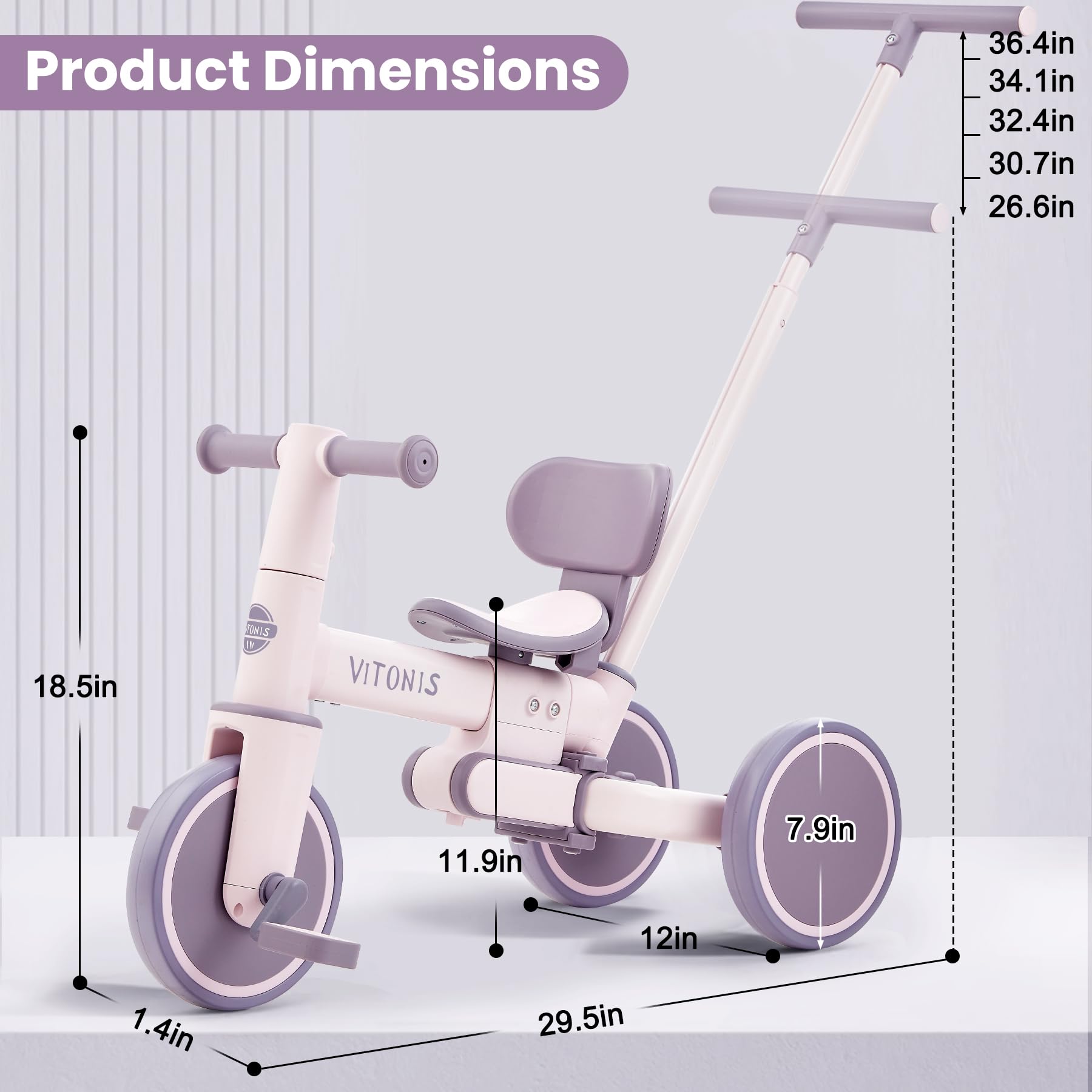 Bicicleta sin Pedales a Partir de 1 año, Triciclo 5 en 1 con Barra de Empuje para niños, Bicicleta sin Pedales para niños pequeños, Regalo para niños y niñas， Morado