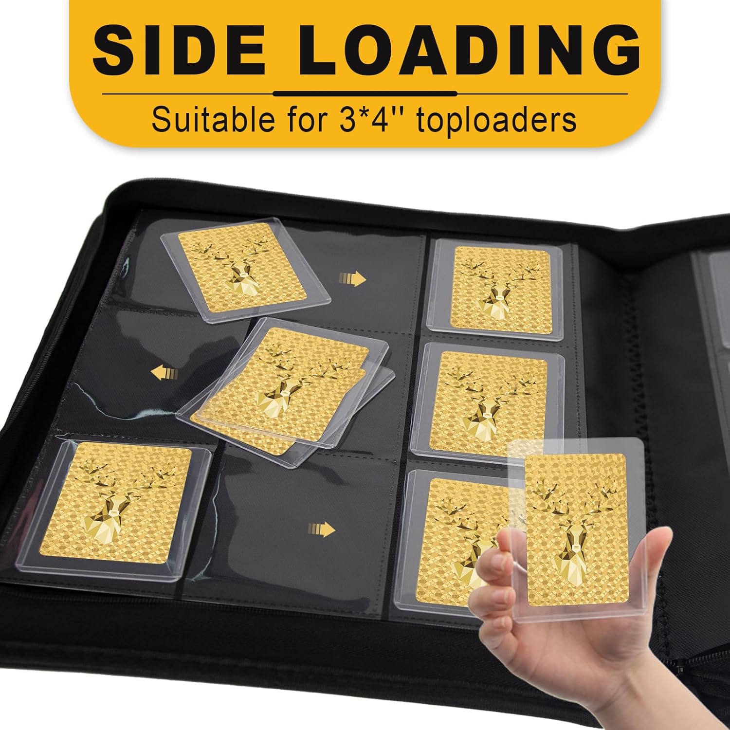 Toploader Binder, Holds 360 Toploaders, Top Loader Binder with 9 Pockets for 3" x 4" Rigid Cards, Double-Sided Pockets Card Binder Top Loader for Trading Cards or Sports Cards (black)