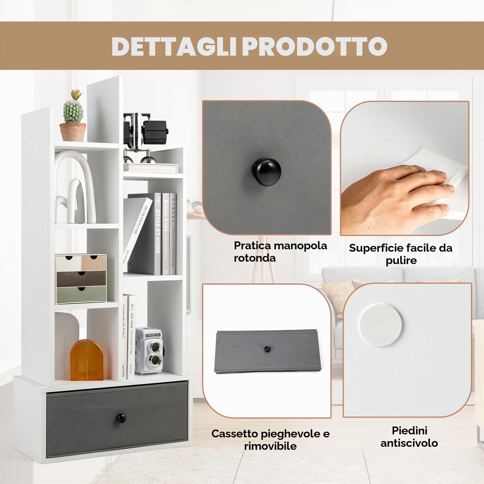 HOMASIS Libreria a 7 Livelli Con Cassetto, Scaffale Verticale Bianco da Terra in Legno, d'Angolo per Soggiorno, Ufficio, Camera da Letto, 53 x 24 x 118 cm