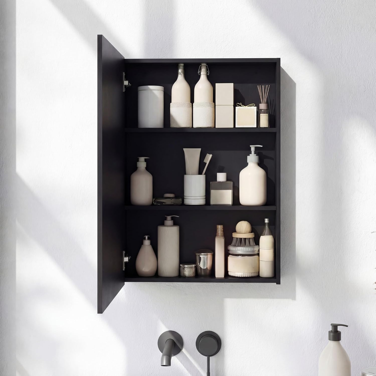 Panana Wall Mounted Bathroom Medicine Cabinet with Mirror, Single Mirrored Door, Adjustable Storage Shelves, Bathroom Wall Storage Organizer (Black, 15.7x23.6 inch)