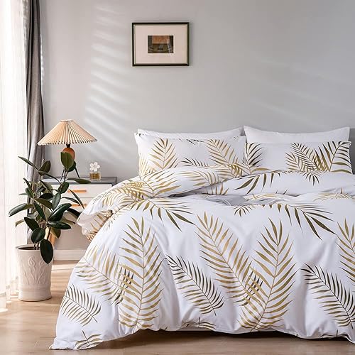 Nayoroom Juego de funda de edredón de hojas doradas, tamaño Queen, estampado de hojas botánicas tropicales en blanco, juego de ropa de cama suave y
