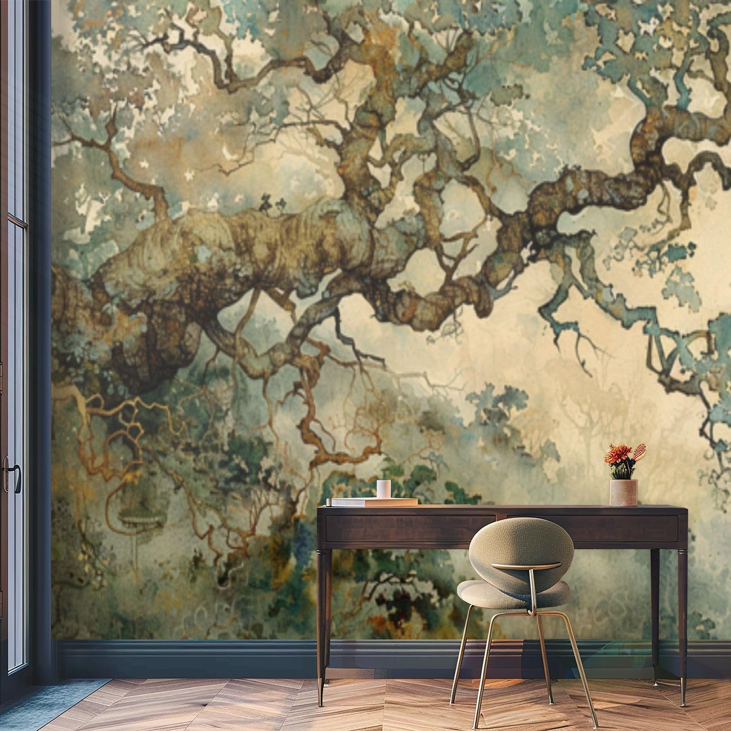Wall Mural Ghostly Watercolor Forest Muted Earthy Tones Misty Trees Self Adhesive Wallpaper Peel & Stick Wall Decal Sticker Poster Home Decor for Bedroom Living Room Bathroom 100"x144"