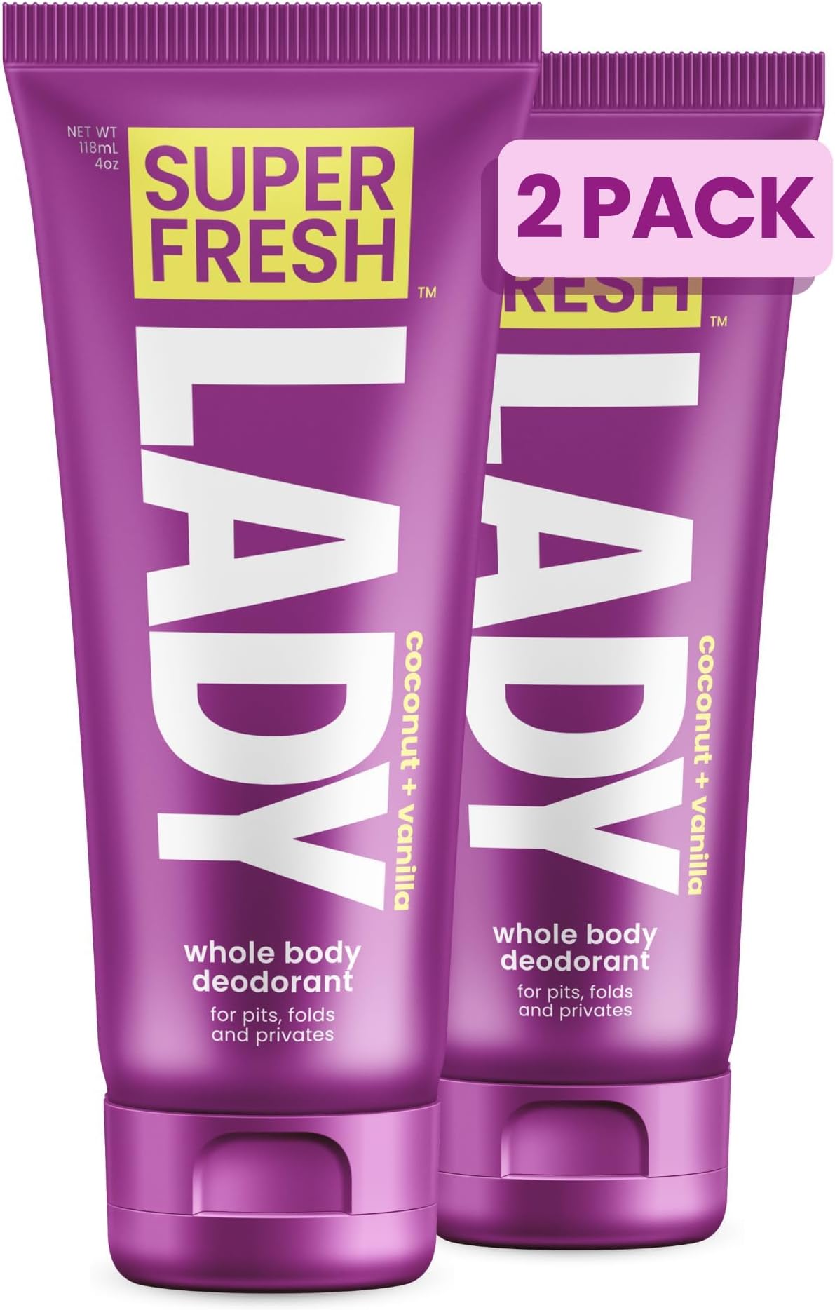 Super Fresh Lady Whole Body Deodorant for Women Twin Pack Aluminum Free Lotion for Privates Body and Skinfolds Stops Odor Coconut Vanilla Scent Feminine Hygiene Two 4 oz Tubes for Daily Use