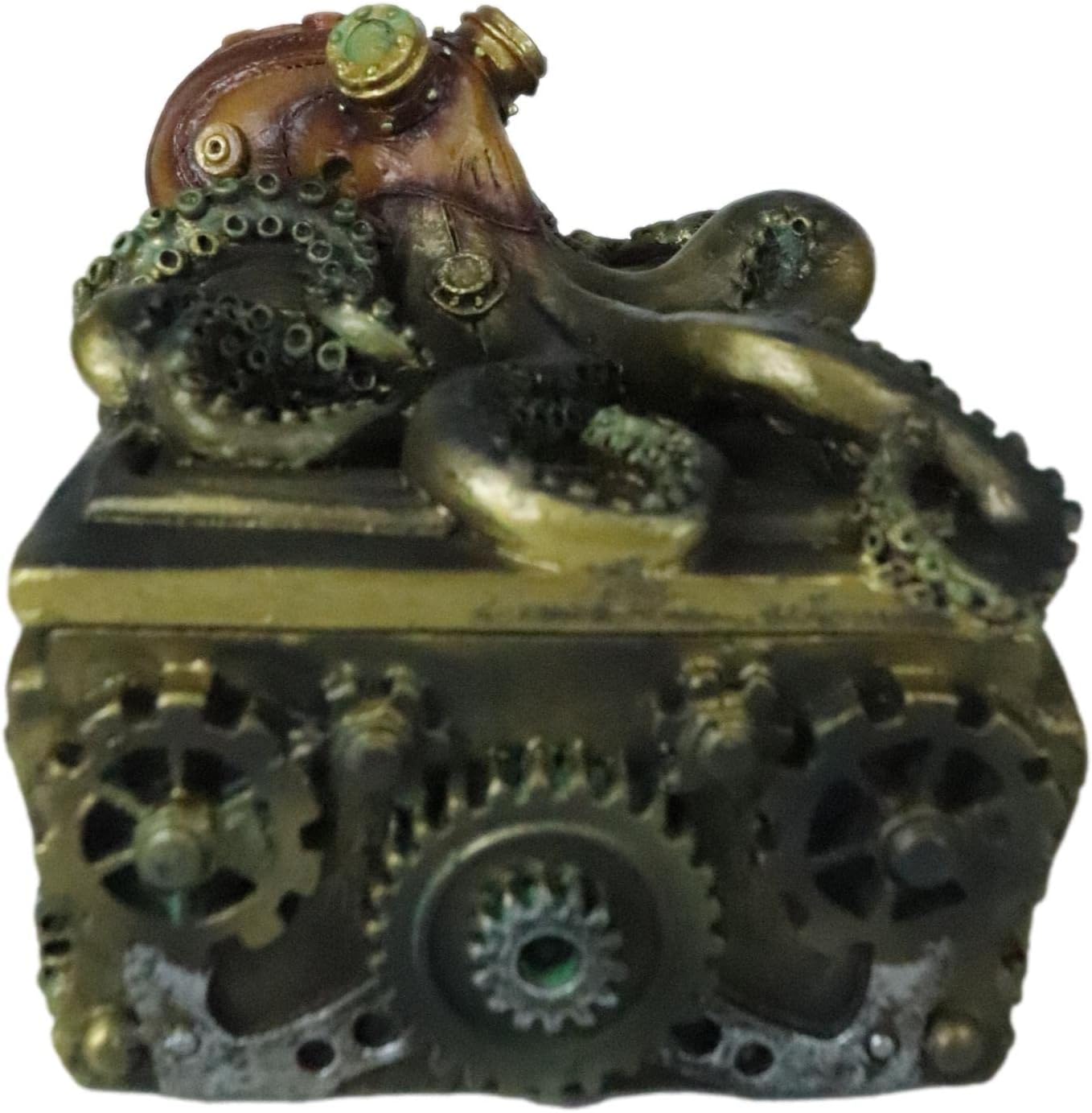 Ebros Gift Faux Bronze Nautical Marine Steampunk Octopus Kraken Submariner On Geared Pirate Treasure Chest Decorative Jewelry Box Figurine Gas Mask Cthulhu Underwater Soldier Warrior Sculpture