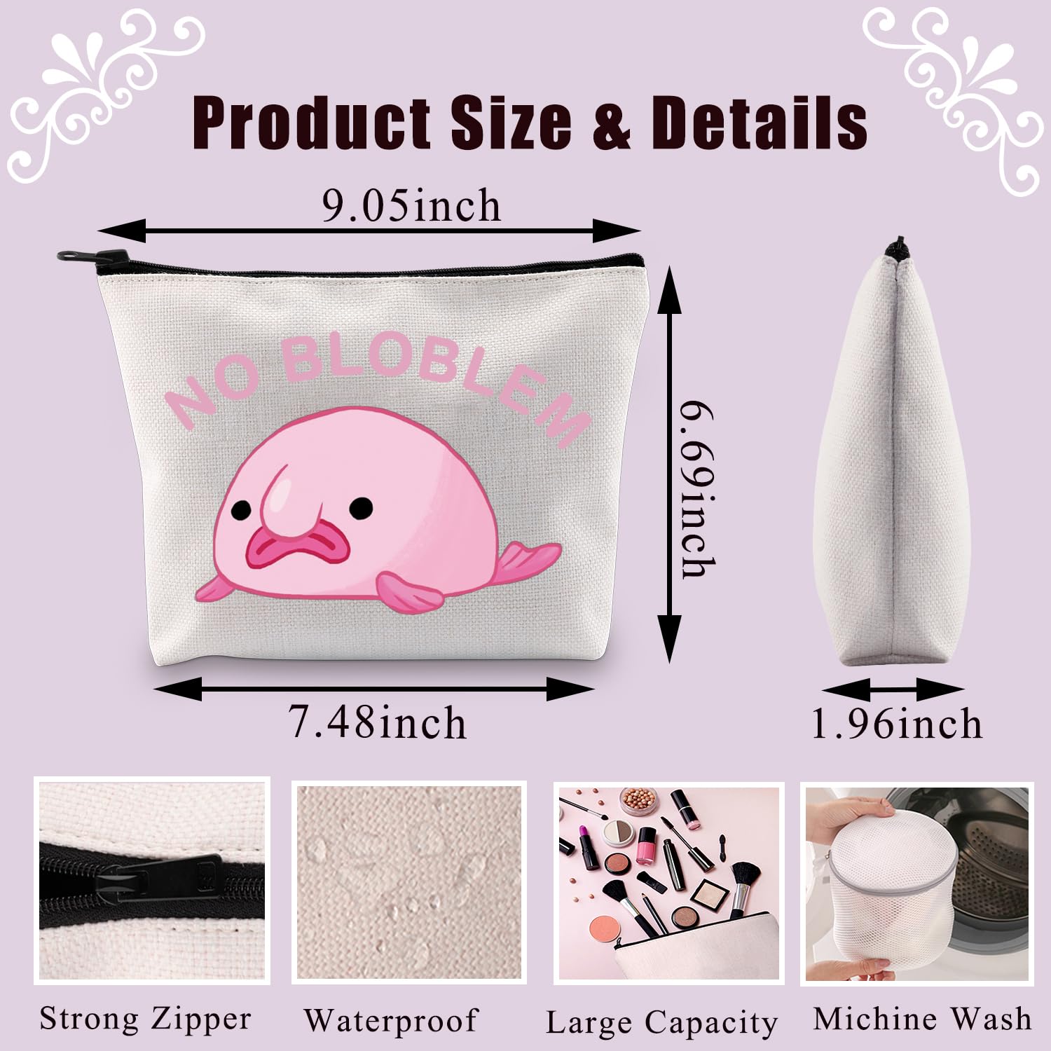 PLITI Blobfish Makeup Bag Blobfish Lover Gift No Bloblem Gift for Blobfish Fans Gift Fish Lover Gift Sea Animal Lovers Gift (No BloblemU) - Image 2