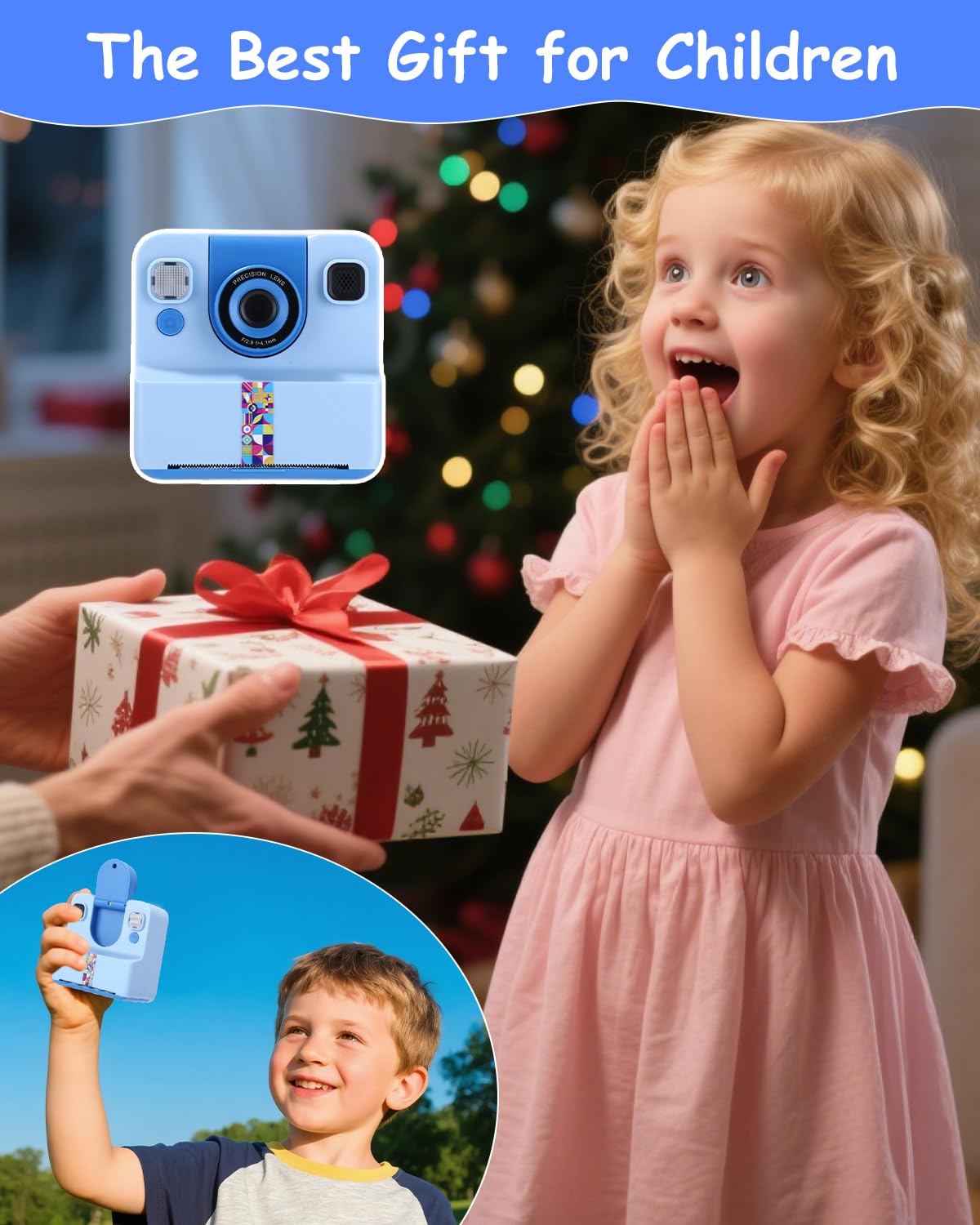 Cámara instantánea para niños, 1080P HD, cámara instantánea con impresión instantánea, tarjeta SD de 32 GB y 5 rollos de papel fotográfico, regalo para niñas y niños a partir de 3 – 12 años
