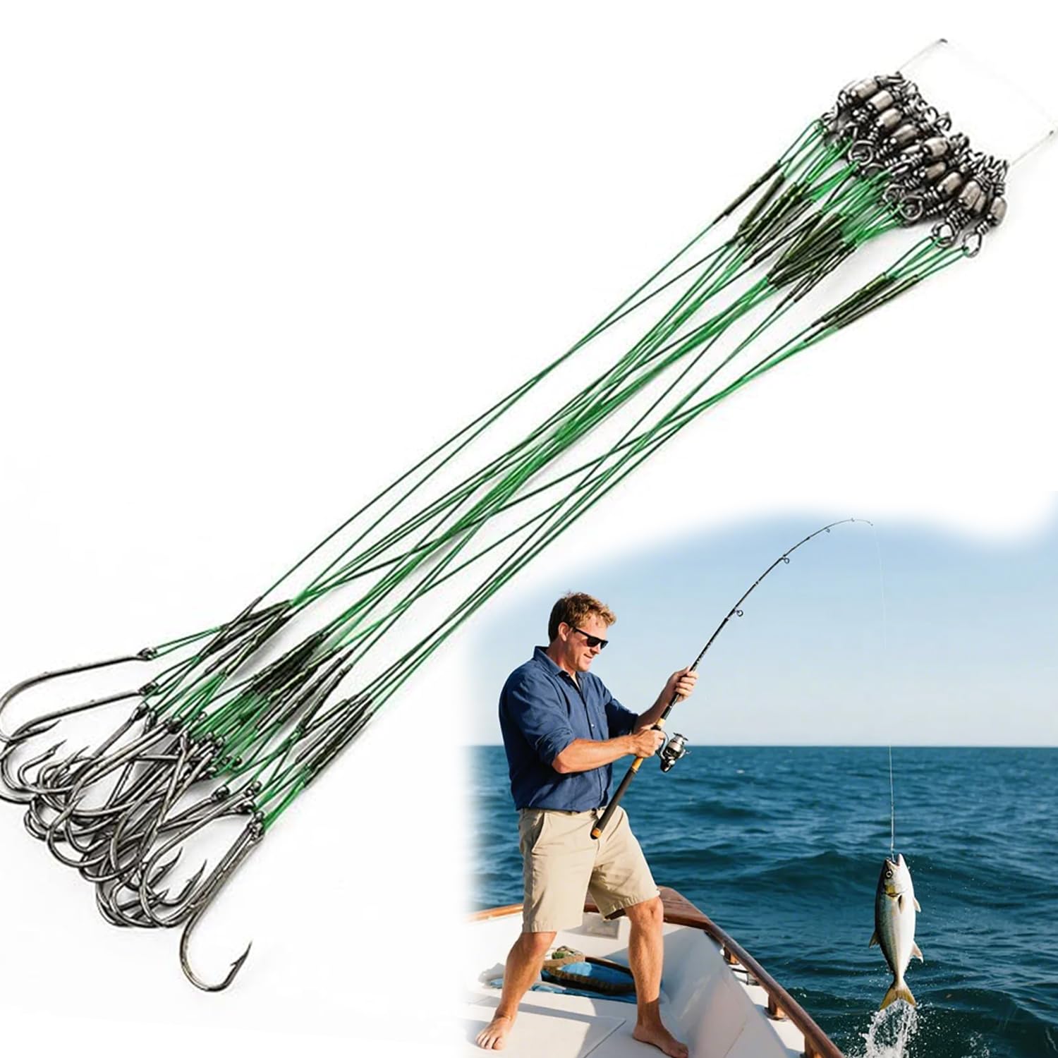 KIMHOME Anzuelos de pesca verdes de 20 cm con líder (prueba de 50 libras), paquete de 20 alambres resistentes a las mordeduras, acero al carbono resistente a la corrosión, afilados para lucio, peces