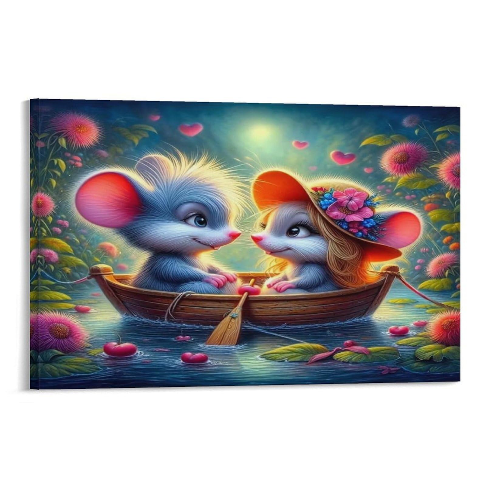 CPLVKWRQJ Squirrels Watching TV in Cozy Tree Home 1 Piece Loving Mice Row Small Boat on Pond Canvas Wall Hanging - Living Room Gallery Wall Focal Point Fade Resistant Decor 20x30inch(50x75cm)