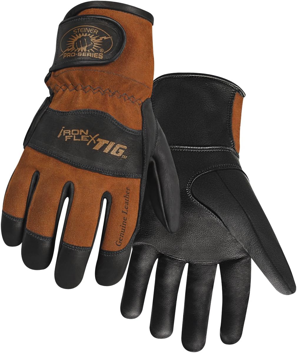 Steiner 0262-M SPS Ironflex TIG Gloves, Black Premium Grain Kidskin, Brown Reversed Grain Kidskin Back, Adjustable, Medium