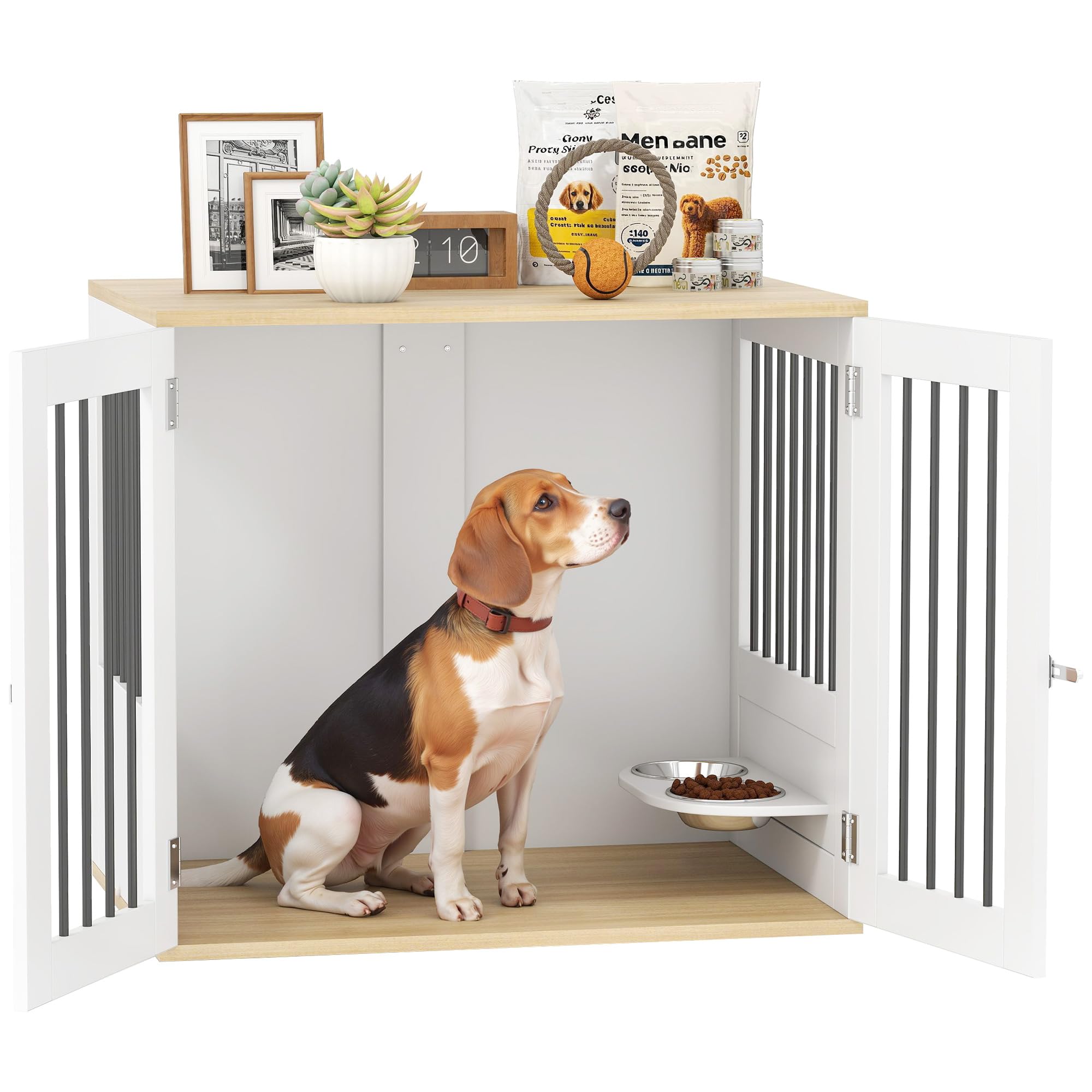 PawHut Jaula para Perros Medianos 2 en 1 Mesa Auxiliar con 2 Puertas con Pestillo Comedero Giratorio de 360° 2 Cuencos y Almohadillas Antideslizantes 80x55x71,5 cm Blanco