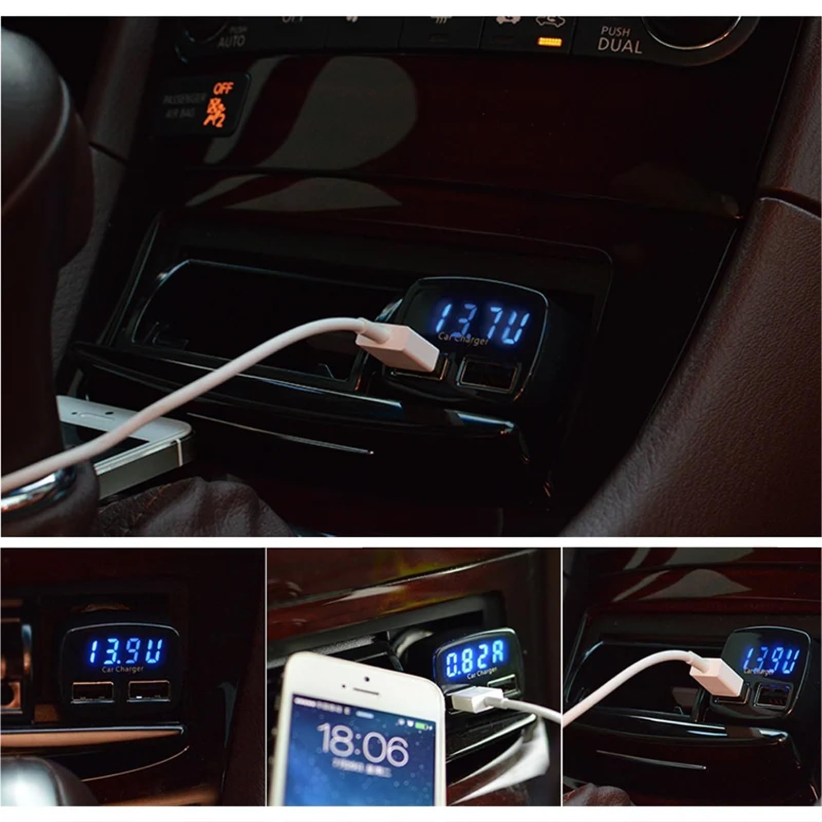 1 szt. ładowarka samochodowa Dual USB 3.1 wyjście ładowarka samochodowa adapter woltomierz, amperomierz, tester akcesoriów samochodowych (niebieski LCD Celsjusza)