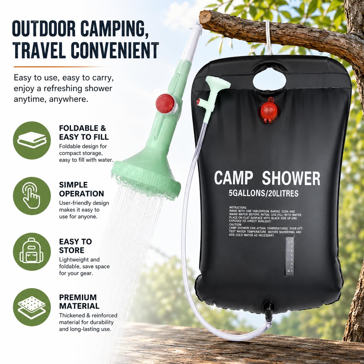 Bolsa de ducha solar portátil de 5 galones/20 litros, calefacción solar a prueba de fugas, ducha de campamento con cabezal de ducha ajustable de encendido/apagado y ventana de nivel de agua