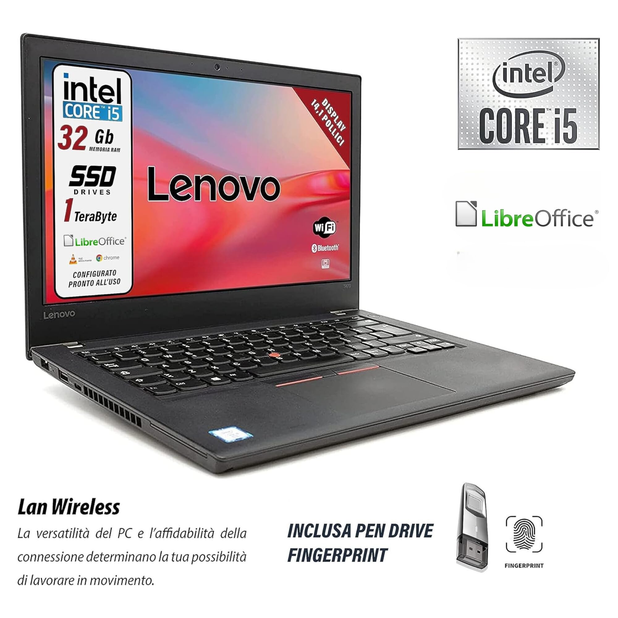 Lenovo, Pc portatile Intel Core i5, Ram 32 Gb, SSD 1 Tb, pronto all'uso con Libre, Notebook Con Display HD da 14", W10, in dotazione pen drive fingerprint (Ricondizionato)