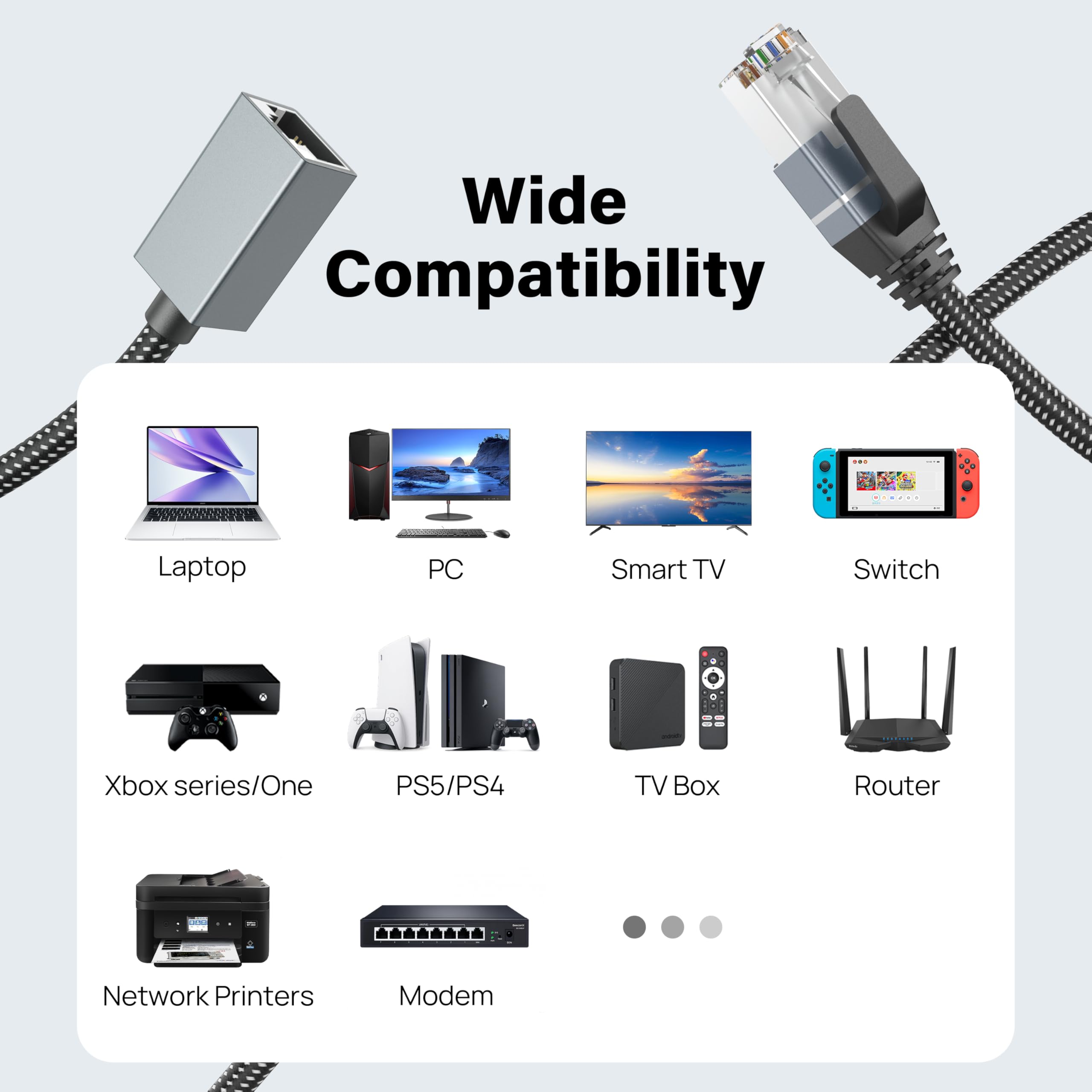 Orbram Câble d'extension Ethernet Cat6 de 3 m, prend en charge 1000 Mbit/s et câble LAN Cat6/Cat5e/Cat5 en nylon tressé RJ45 LAN Connecteur mâle vers femelle pour routeur/modem/Smart TV/PC/ordinateur